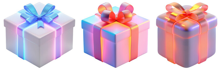 Vibrant Neon-Tinted Gift Boxes with Colorful Ribbons and Bows for Festive Celebrations.
