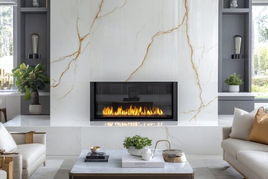 Modern living room with fireplace and white sofa. - Powered by Adobe