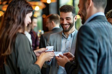 Business professionals exchanging business cards at networking event