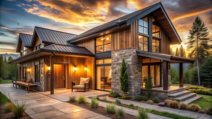 Obraz premium modern rustic charm exterior facade features weathered wood siding warm golden light soft focus natural textures earthy tones cozy retreat