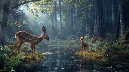 Two Deer by a Misty Forest Stream - Two young deer stand by a tranquil stream in a lush, misty forest, symbolizing tranquility, nature, wildlife, connection, and serenity.