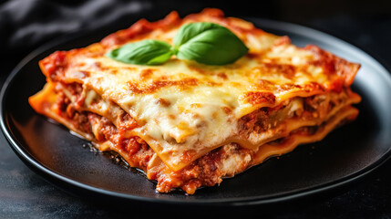 Lasagna served on a black plate, with its rich layers of pasta, meat sauce, and cheese clearly visible, bubbling and golden brown from the oven, with a sprig of basil on a dark table 