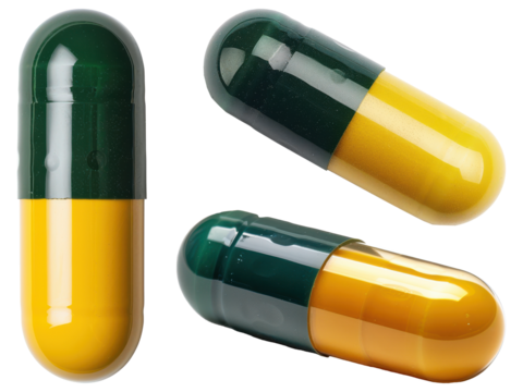 Collection of Glossy Green and Yellow Capsules with Reflective Finish for Medical Use.