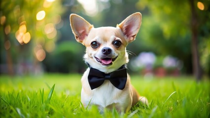 Adorable Chihuahua wears a miniature black bow tie, posing on lush green grass at an outdoor celebration, capturing the joyful essence of a special day.