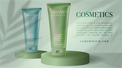 teal blue cosmetics mock up product display ad vector background skincare cosmetics cream tubes or moisturizer lotion blank containers on ocean green realistic pedestals leaves shadows 3d template