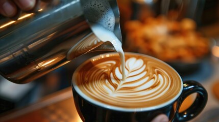 An authentic image of a barista pouring latte art, captured in a raw photo from a dynamic angle to showcase creativity and skill in coffee presentation