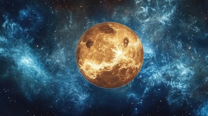 A stunning depiction of the planet Venus surrounded by a vibrant cosmic backdrop, showcasing its golden hues and unique features.