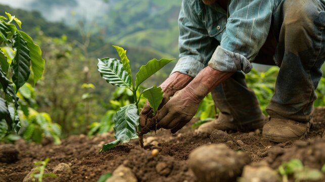 Close-up of a framer with a coffee plant sapling, captured in a raw, unfiltered style from a dynamic angle, illustrating dedication to sustainable agriculture and future growth