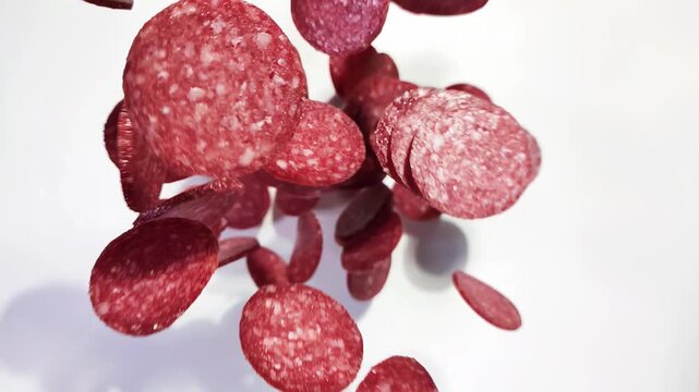 Flying salami slices. Pieces of smoked salami sausage on white background. Fresh cured sausage for a sandwich, pepperoni for pizza