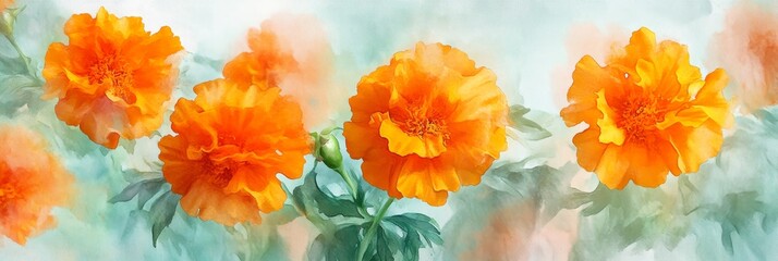 Vibrant Orange Marigold Flowers Watercolor Painting - A delicate watercolor painting of orange marigold flowers in full bloom, symbolizing joy, warmth, creativity, nature, and beauty.