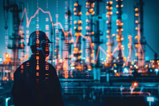 Silhouette of an engineer working in an oil refinery with a financial market chart superimposed