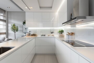 Minimalistic white kitchen featuring white countertops and cabinets, bathed in natural light.