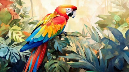 Vibrant Scarlet Macaw Perched in Lush Tropical Foliage - A majestic scarlet macaw with vibrant red, yellow, and blue plumage perched on a branch amidst lush green foliage, symbolizing tropical beauty,