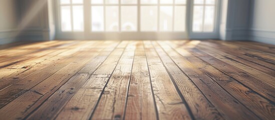 Capturing the timeless grace of a clean wooden floor set in a backdrop of serene tranquility with a blank space for an image. Copy space image. Place for adding text and design