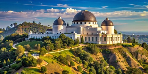 Obraz premium Historic observatory stands prominently on a hill in Hollywood, Los Angeles, featuring a white monument with three dark cupolas, set amidst a lush park landscape.