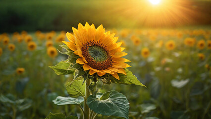 Close view of a sunflower with the rich green field stretching into the distance.