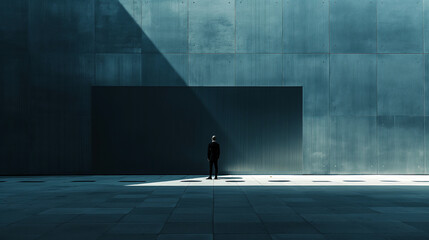 A man stands in front of a building with a shadow on the ground