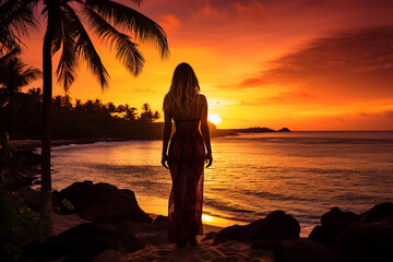 Silhouette of a young woman admiring sunset on a tropical beach