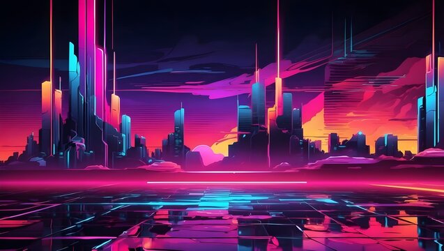 Vibrant cyberpunk cityscape featuring a futuristic skyline in neon hues against a dramatic sunset. Perfect for sci-fi themes and digital art enthusiasts.