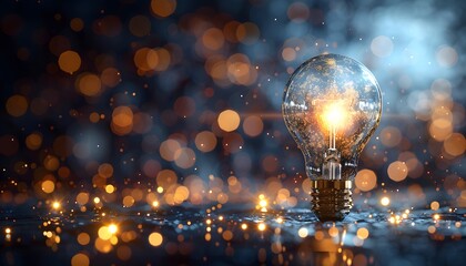 Glowing lightbulb in dark background.