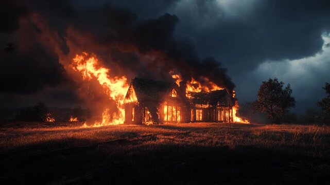 An house is consumed by flames as dark clouds loom overhead during a night
