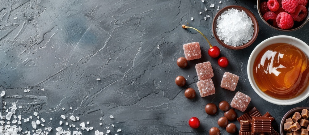 Wall mural Light grey table with delicious candies caramel sauce and salt displayed with room for text in a copy space image