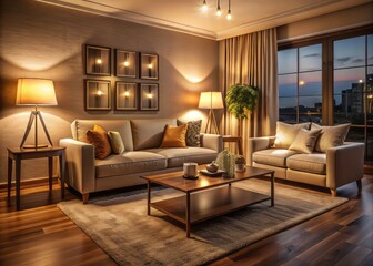 Fototapeta premium Cosy modern living room with plush sofa, armchair, and coffee table, illuminated by soft warm glow of table lamps and floor lamps at night.