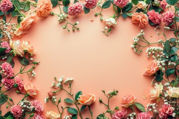 A stylish flat lay arrangement showcasing a frame of beautiful flowers on a vibrant background, offering a chic and sophisticated design element for enhancing various creative projects.