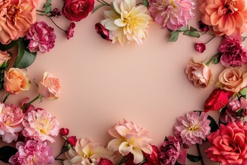 Luscious floral blossoms artfully arranged in a rectangular frame shape on a vibrant backdrop, providing a captivating setting with ample space for customization and creative expression.