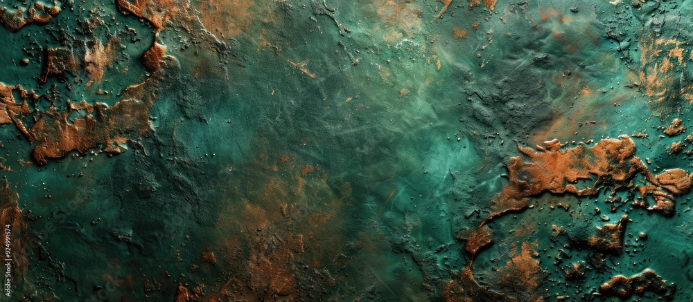 Poster top view of an abstract background with emerald green and rusty textures ideal for design with a ban