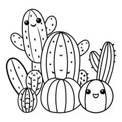 Hand-drawn cactus kawaii coloring book illustration