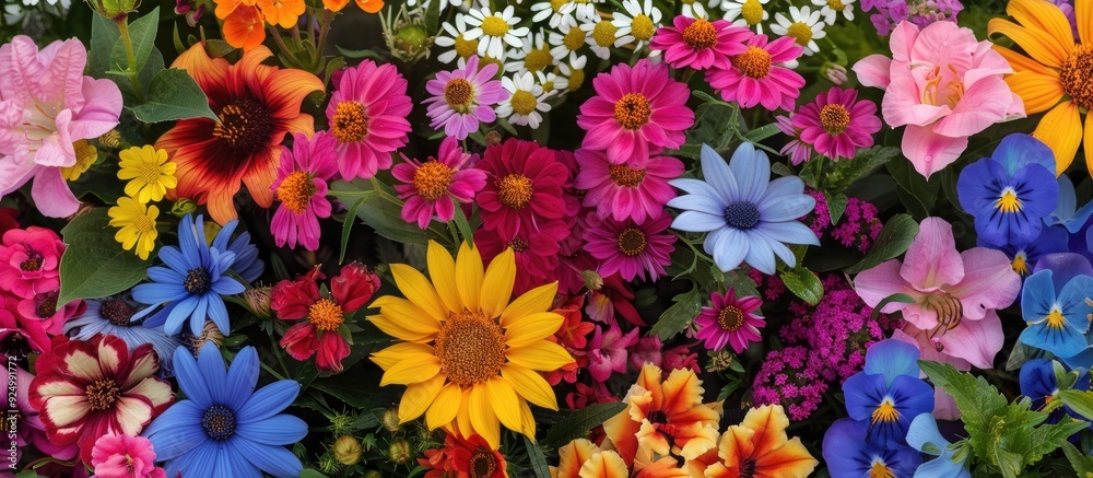 Wall mural A selection of vivid summer flowers in a garden setting provides an attractive backdrop with a close up view for copy space image