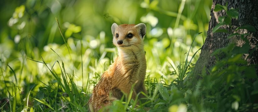 A yellow mongoose is perched amidst lush green grass at Rietvlei Nature Reserve in South Africa with abundant copy space image