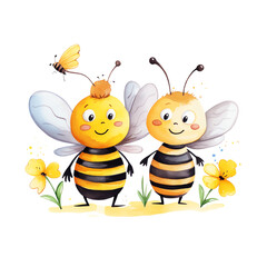 Obraz premium Adorable cartoon bees with flowers and butterfly, perfect for children's illustration or educational content.