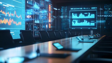 Modern office conference room with high-tech equipment, including large digital screens and holographic displays