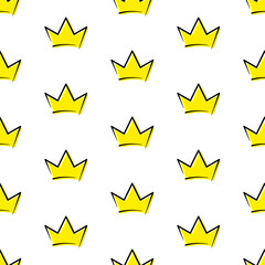 Stylized yellow doodle crowns with black outline on white background. Vector seamless pattern.