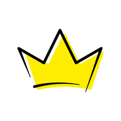 Crown doodle illustration. Stylized yellow drawing with black outline on white background. Best for web, print, logo creating and branding design.