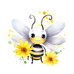 Cute cartoon bee with big eyes and delicate wings, surrounded by bright yellow flowers and glowing sparkles. Perfect for children's illustrations.