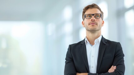 Obraz premium Man in Black Suit with Polka Dots, Serious Expression, Office Setting