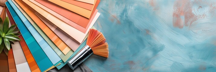 Various color swatches placed beside a paintbrush on a textured surface, highlighting decoration and interior design.