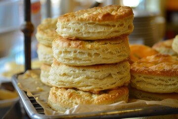 Freshly baked biscuits cooling on a rack, showing their beautiful golden brown color and flaky texture
