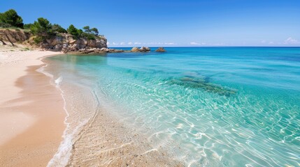 Fototapeta premium Serene Beach Scene With Clear Blue Waters, Sandy Shores, and Rock Formations