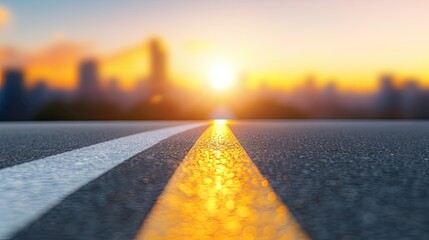 Serene Sunset on Rainy City Street with a Focused Yellow Line