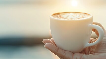 Close-up Image of Latte Art Designed White Coffee Cup with Partial Hand Visibility