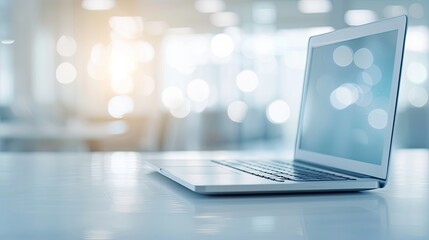 Modern Laptop with Manufacturer's Logo and Urban Street Background