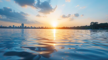 Serene Sunset Over Glistening Water with City Skyline in Distance