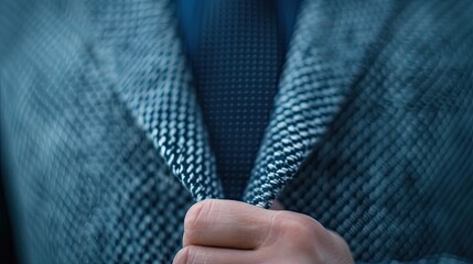 Close-Up Shot of Hands on Blue Suit Jacket