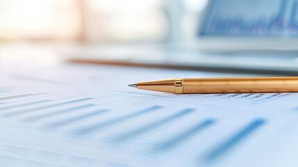 Gold Pen Ready for Use on Printed Paper with Blurred Computer Screen Background