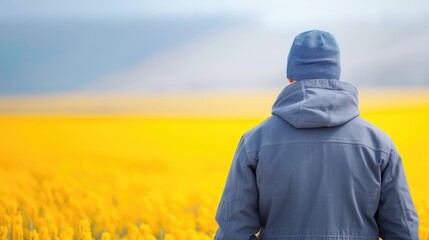 Solitary Figure Amidst Vibrant Yellow Flowers