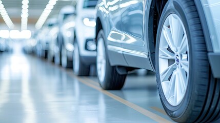 Close-up of Black Tire and Silver Wheel with Parked Cars Behind
